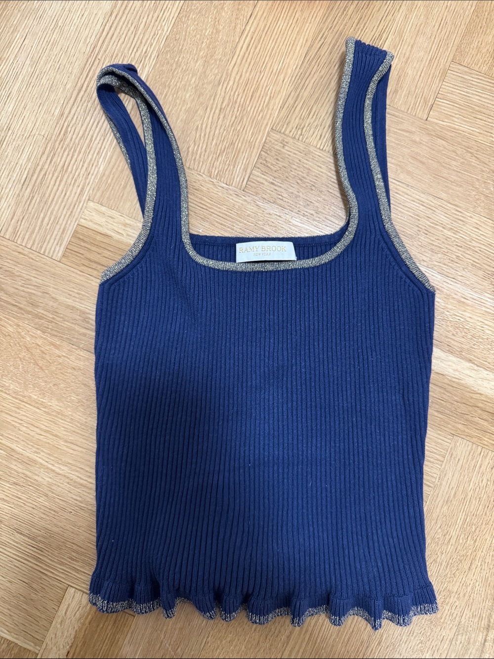 Ramy Brook Navy Ribbed Tank with Metallic Silver Trim